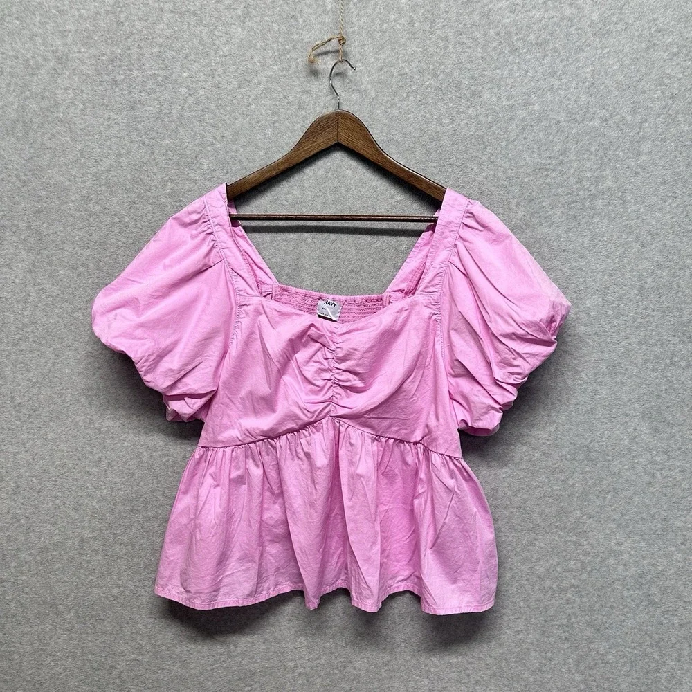 Old Navy Puff Sleeve Pink Smocked Baby Doll Swing Blouse Top Boho Peasant Sz XXL